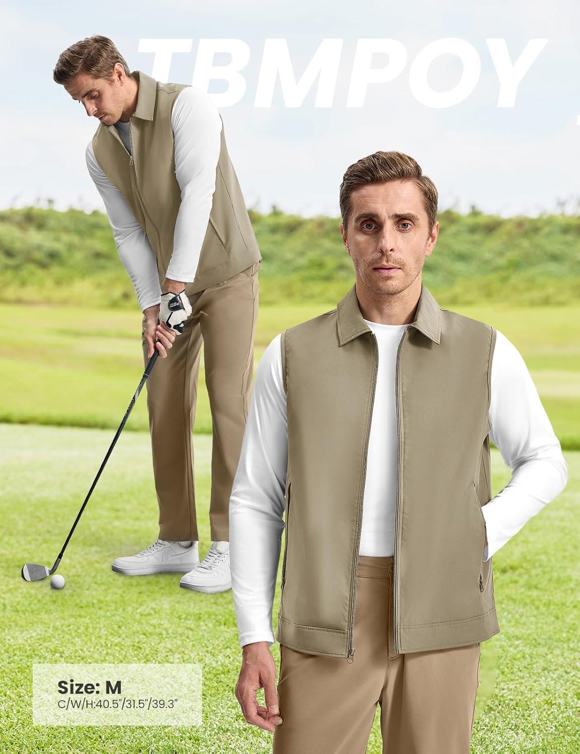 imageTBMPOY Mens Vest Casual Lightweight Thin Utility 3 Zip Pockets Stylish Sleeveless Jackets Summer Fall Golf Travel BusinessKhaki