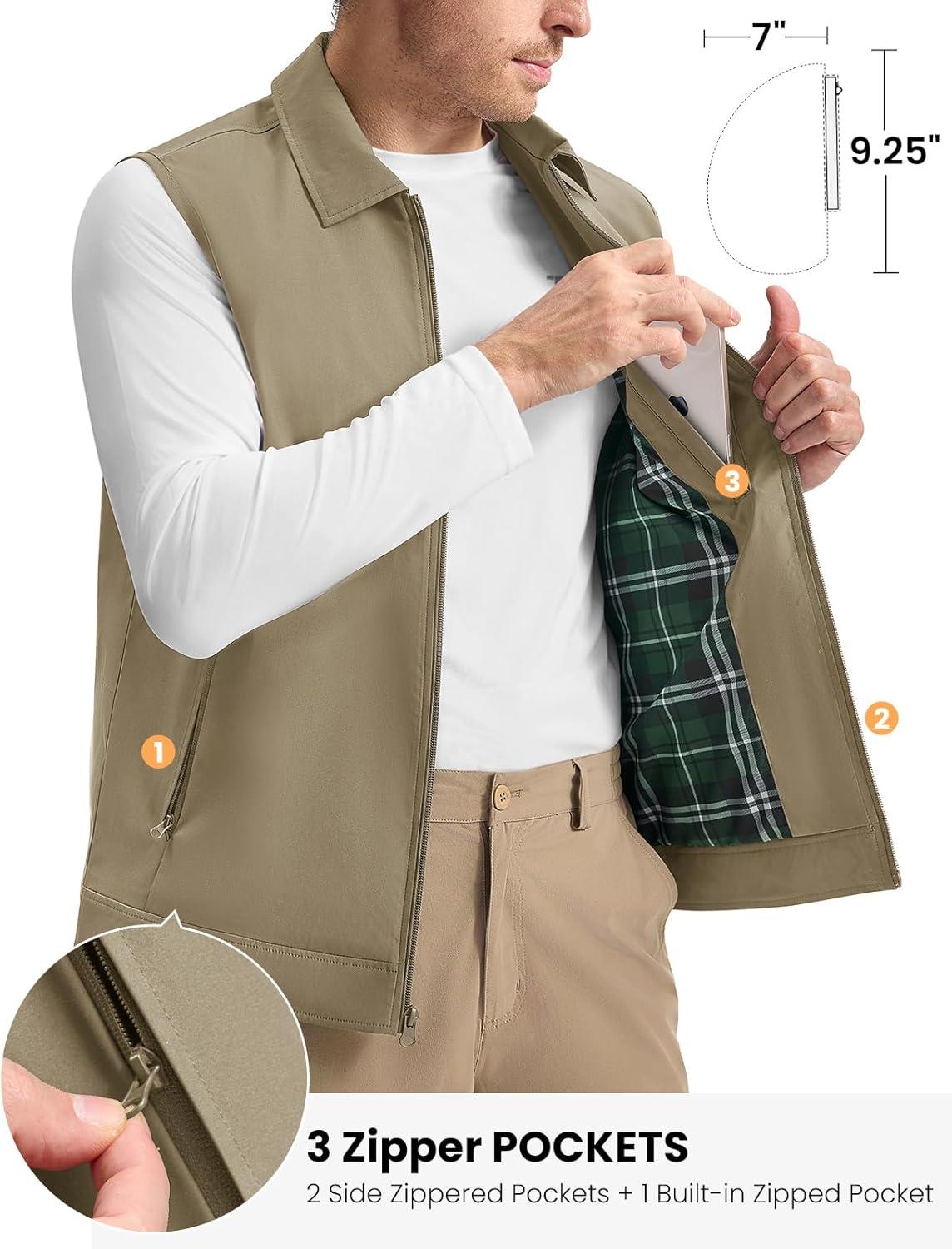 imageTBMPOY Mens Vest Casual Lightweight Thin Utility 3 Zip Pockets Stylish Sleeveless Jackets Summer Fall Golf Travel BusinessKhaki