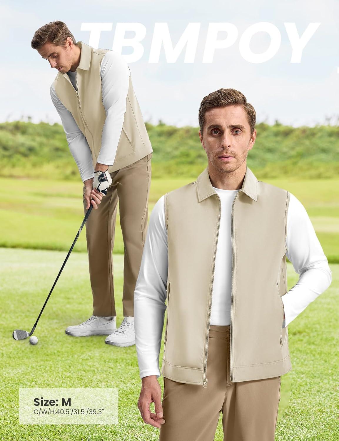 imageTBMPOY Mens Vest Casual Lightweight Thin Utility 3 Zip Pockets Stylish Sleeveless Jackets Summer Fall Golf Travel BusinessLight Khaki