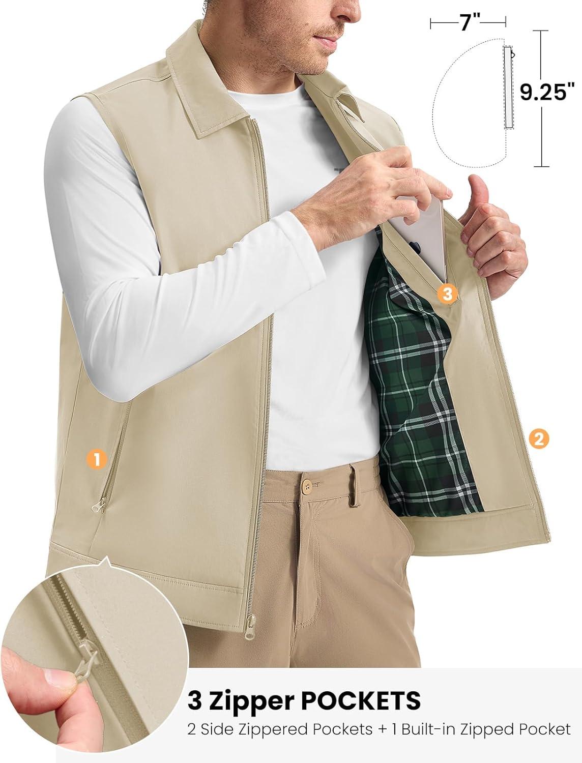imageTBMPOY Mens Vest Casual Lightweight Thin Utility 3 Zip Pockets Stylish Sleeveless Jackets Summer Fall Golf Travel BusinessLight Khaki