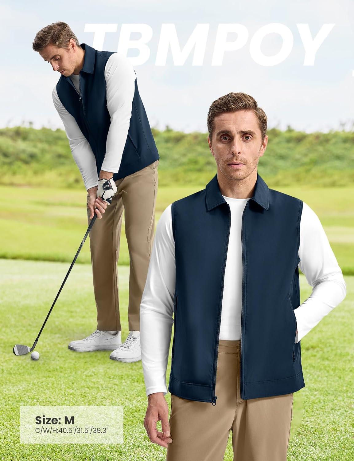 imageTBMPOY Mens Vest Casual Lightweight Thin Utility 3 Zip Pockets Stylish Sleeveless Jackets Summer Fall Golf Travel BusinessNavy Blue