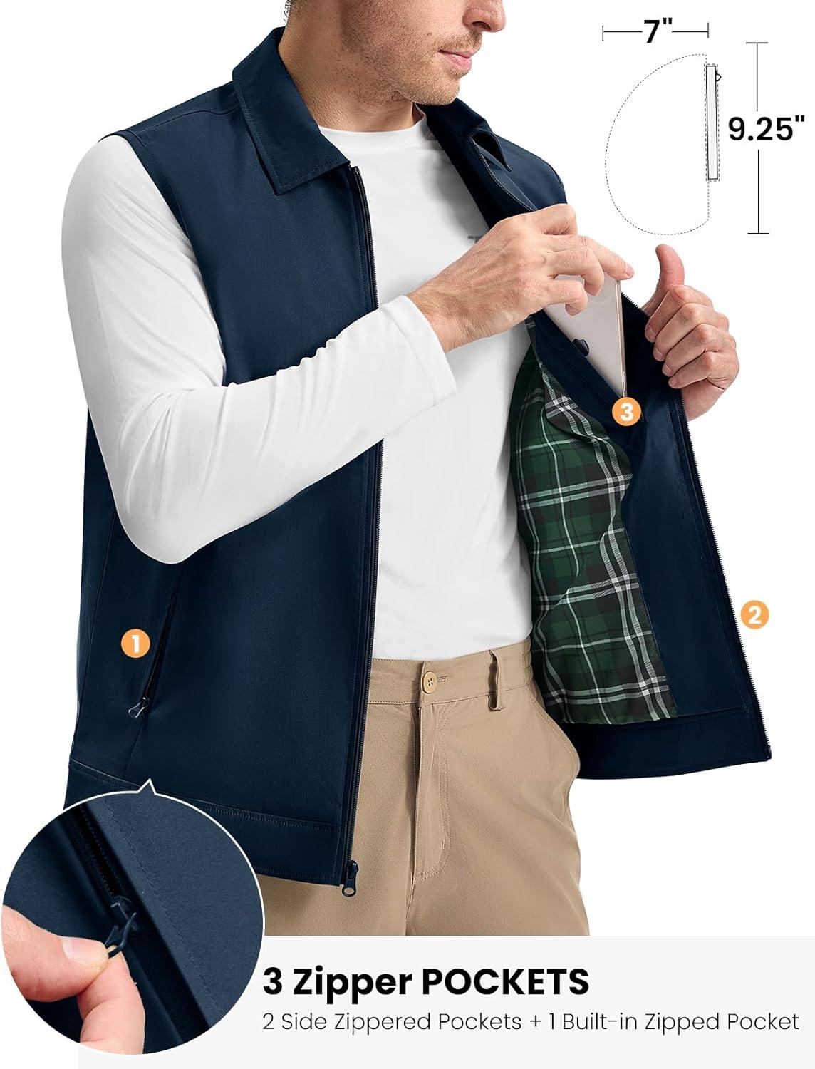 imageTBMPOY Mens Vest Casual Lightweight Thin Utility 3 Zip Pockets Stylish Sleeveless Jackets Summer Fall Golf Travel BusinessNavy Blue