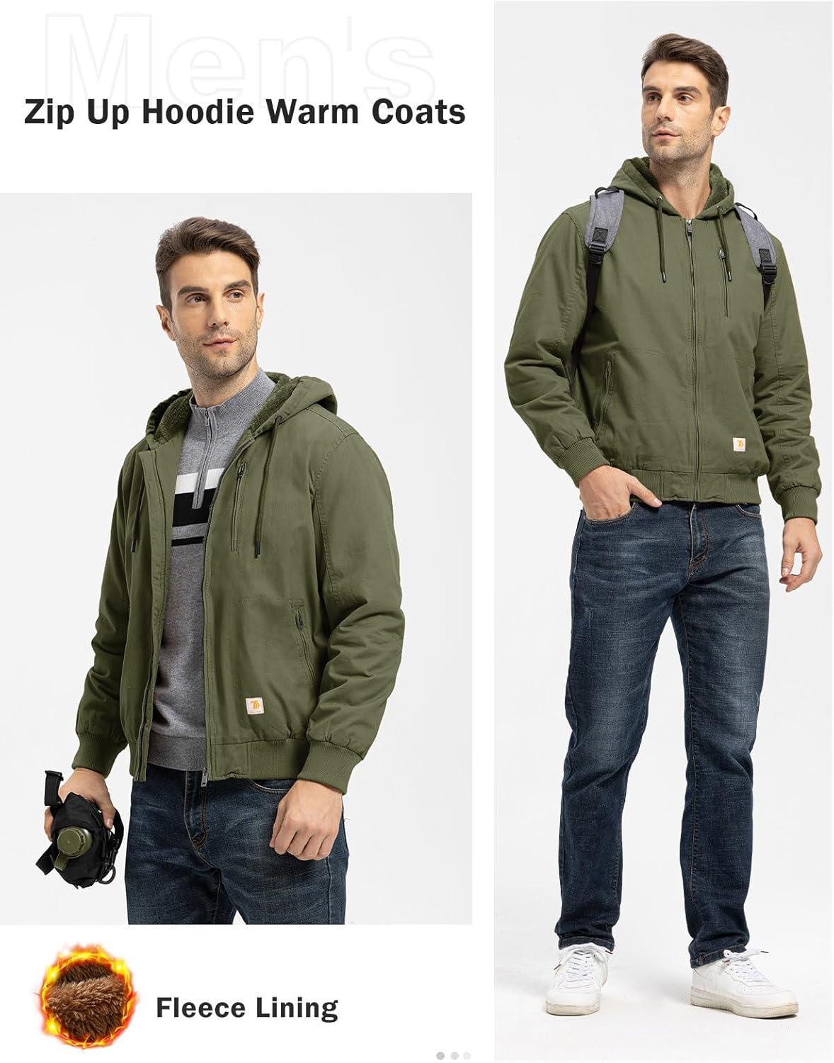 imageTBMPOY Mens Winter Jackets Hooded Work Cotton FLeece Lined Duck Coats Flannel Active Workwear CoatArmy Green