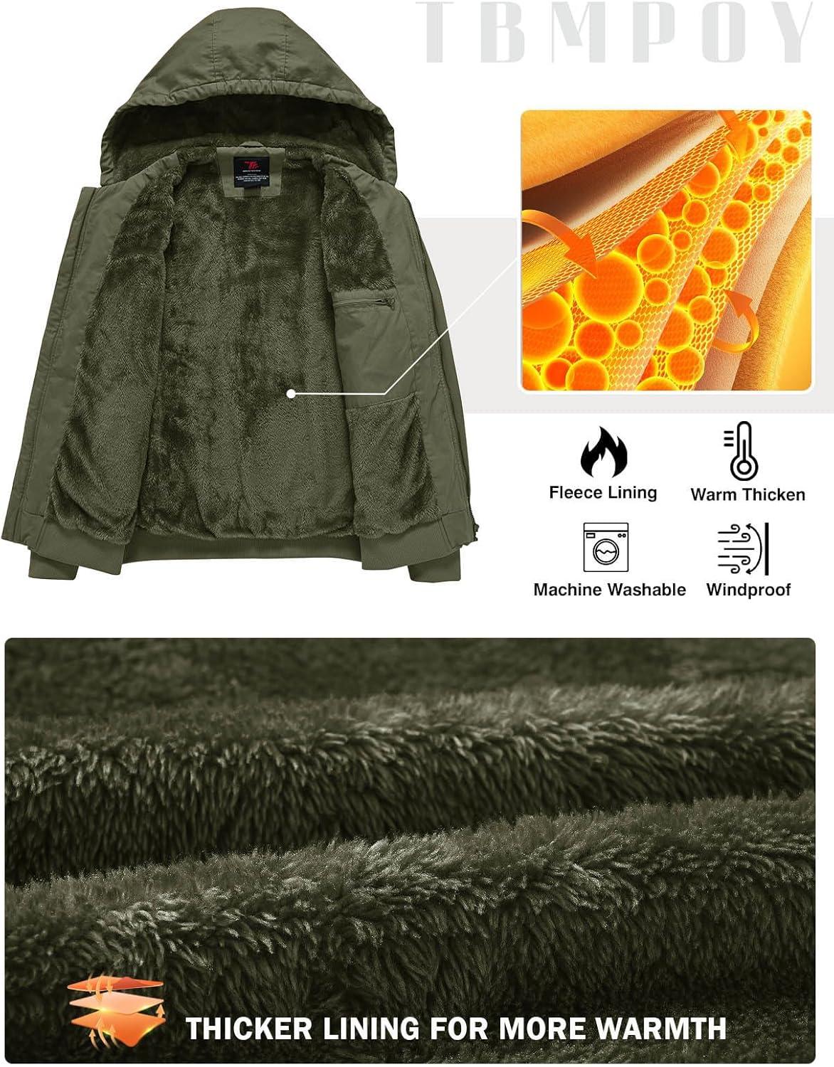 imageTBMPOY Mens Winter Jackets Hooded Work Cotton FLeece Lined Duck Coats Flannel Active Workwear CoatArmy Green