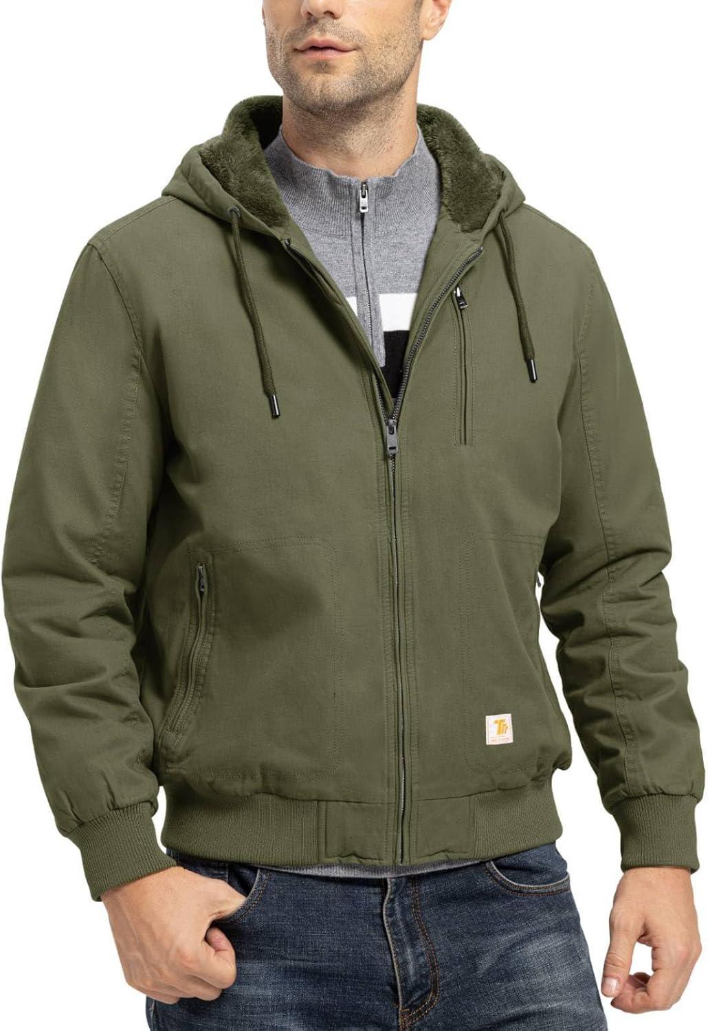 imageTBMPOY Mens Winter Jackets Hooded Work Cotton FLeece Lined Duck Coats Flannel Active Workwear CoatArmy Green