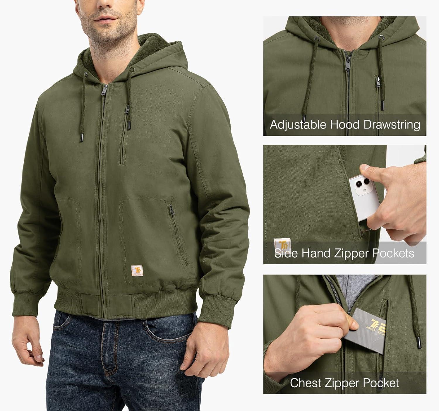 imageTBMPOY Mens Winter Jackets Hooded Work Cotton FLeece Lined Duck Coats Flannel Active Workwear CoatArmy Green