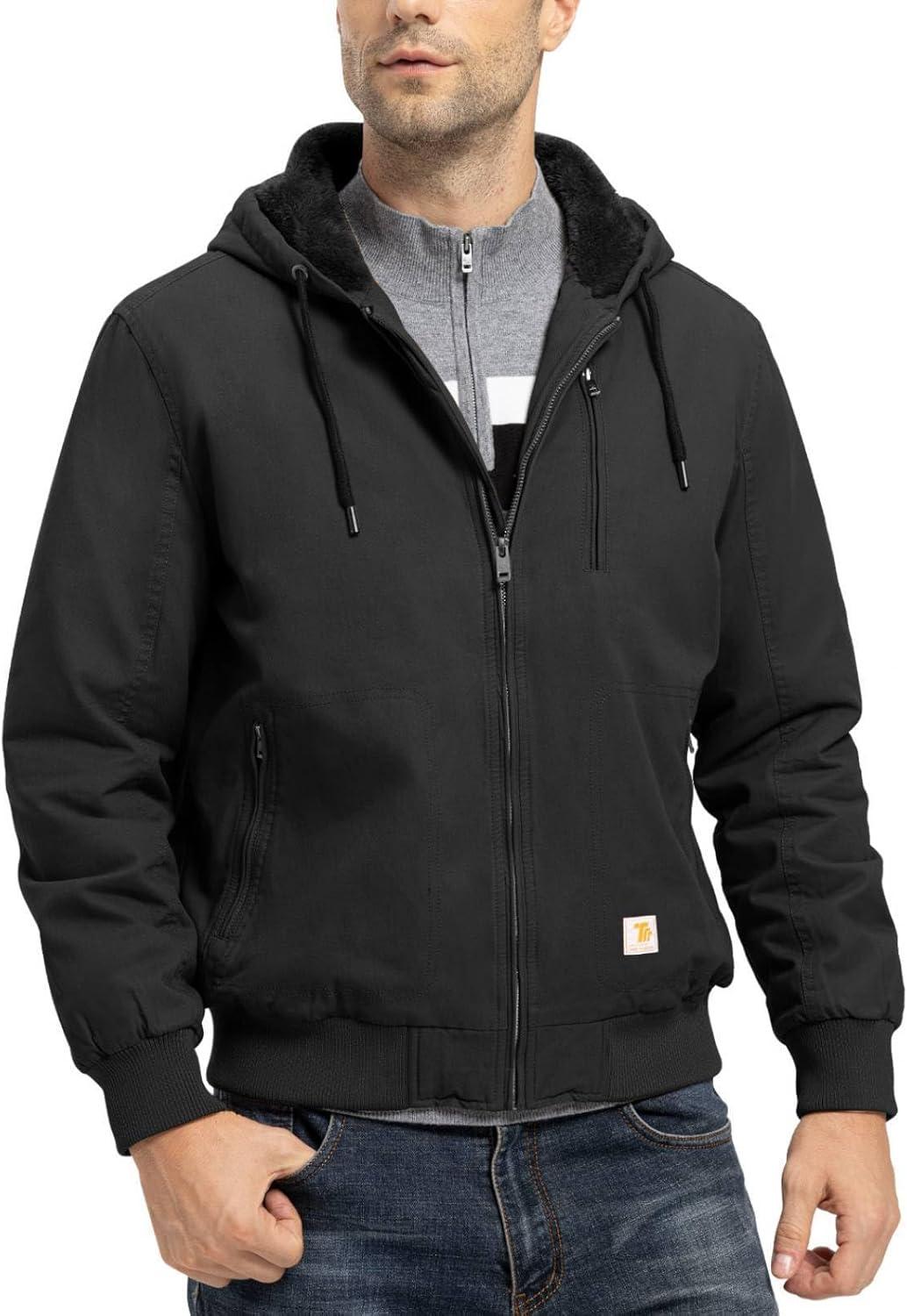 imageTBMPOY Mens Winter Jackets Hooded Work Cotton FLeece Lined Duck Coats Flannel Active Workwear CoatBlack