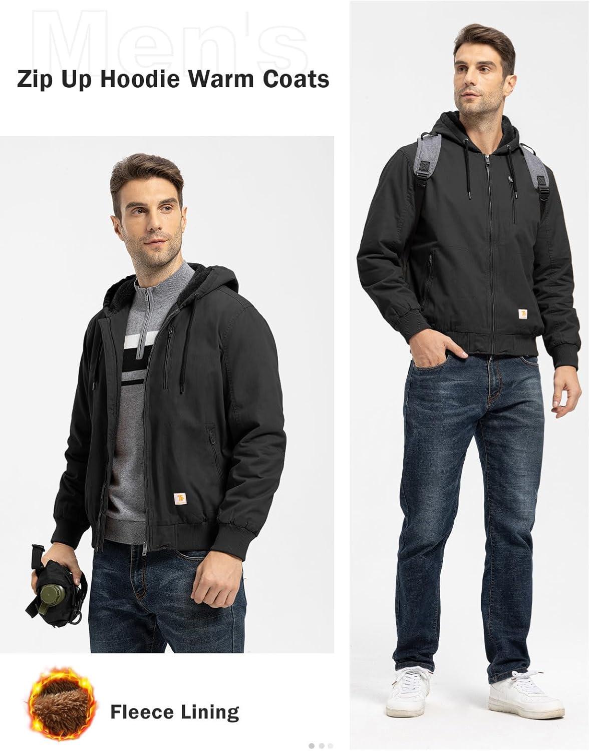 imageTBMPOY Mens Winter Jackets Hooded Work Cotton FLeece Lined Duck Coats Flannel Active Workwear CoatBlack