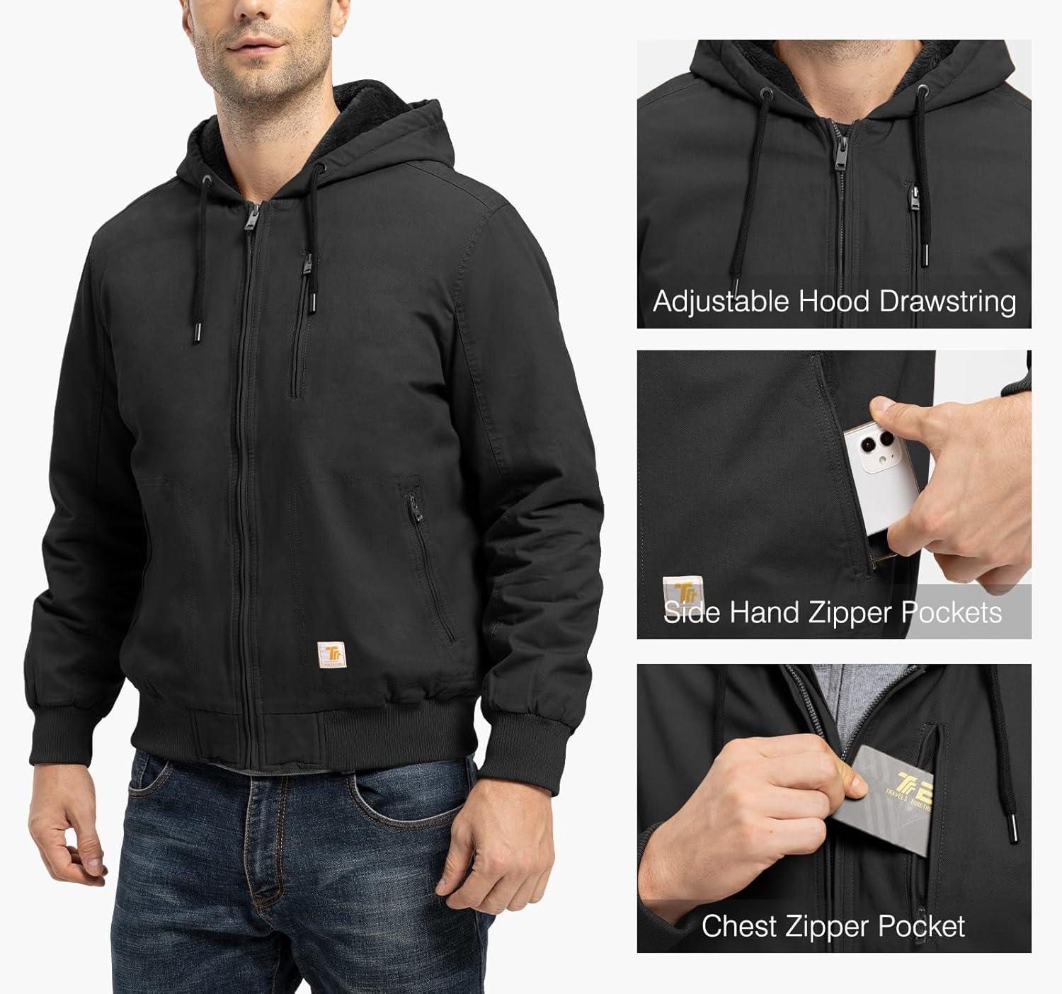 imageTBMPOY Mens Winter Jackets Hooded Work Cotton FLeece Lined Duck Coats Flannel Active Workwear CoatBlack