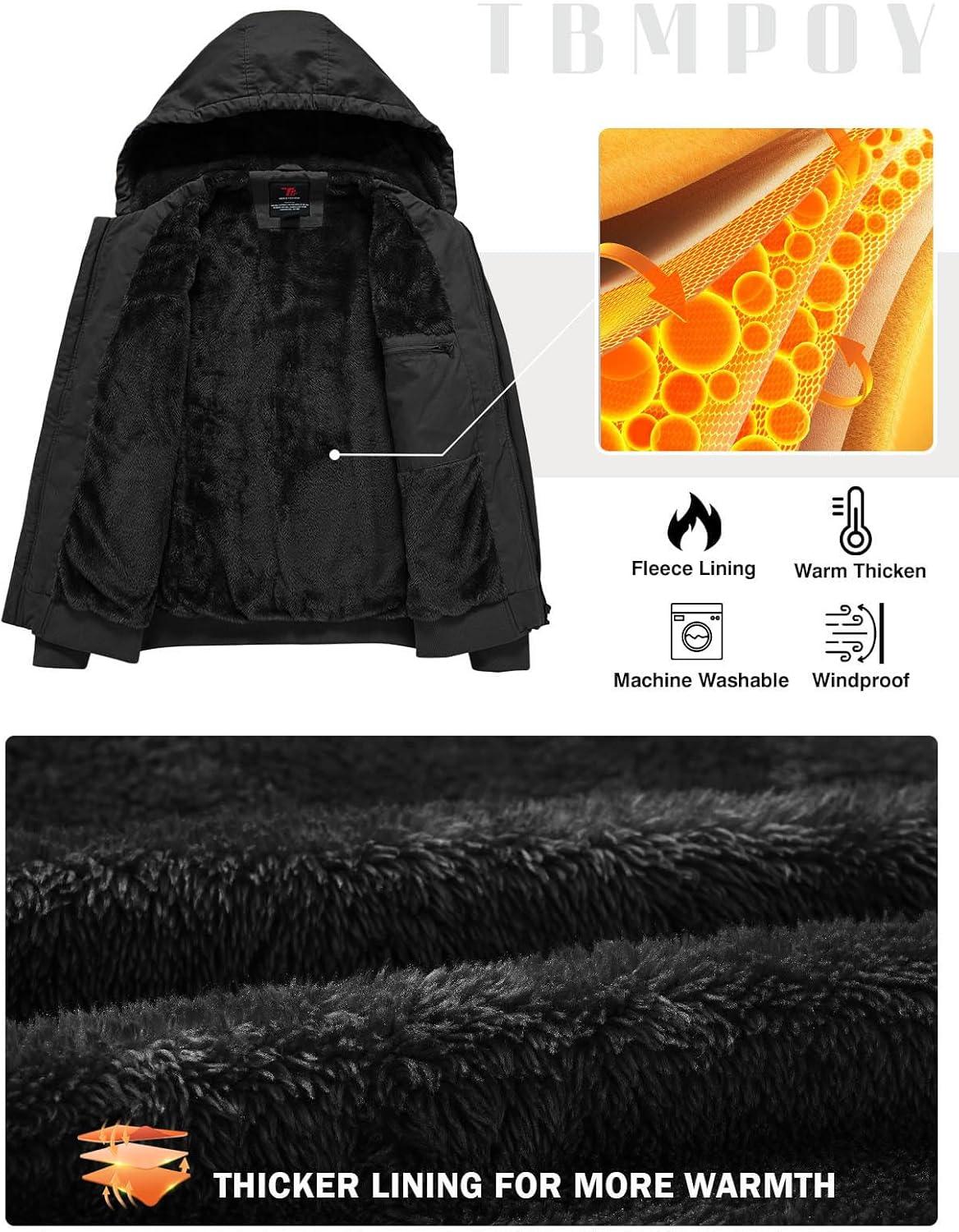 imageTBMPOY Mens Winter Jackets Hooded Work Cotton FLeece Lined Duck Coats Flannel Active Workwear CoatBlack