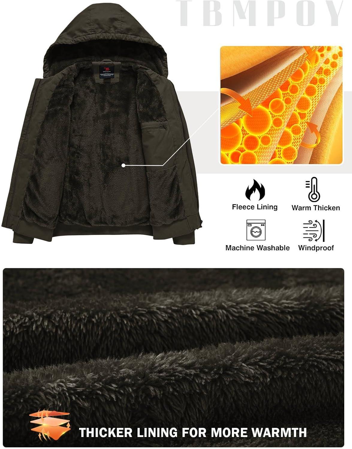 imageTBMPOY Mens Winter Jackets Hooded Work Cotton FLeece Lined Duck Coats Flannel Active Workwear CoatBrown