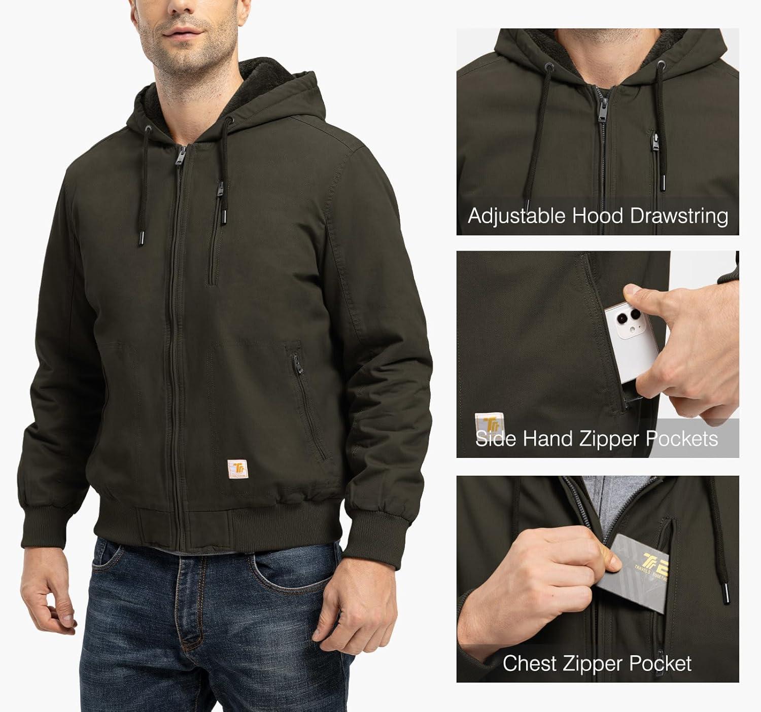 imageTBMPOY Mens Winter Jackets Hooded Work Cotton FLeece Lined Duck Coats Flannel Active Workwear CoatBrown