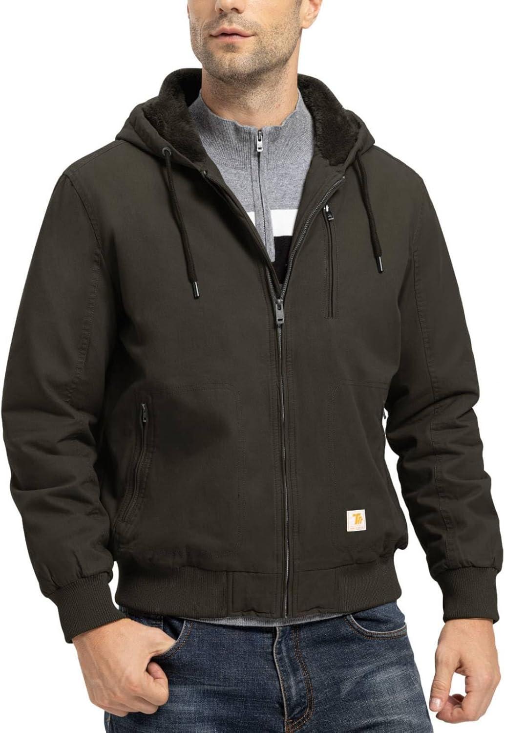 imageTBMPOY Mens Winter Jackets Hooded Work Cotton FLeece Lined Duck Coats Flannel Active Workwear CoatBrown