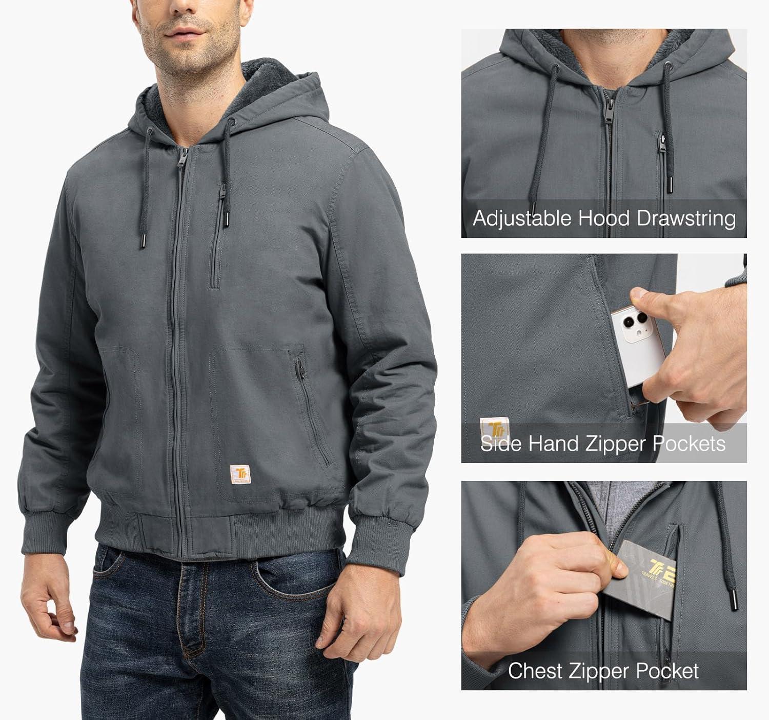imageTBMPOY Mens Winter Jackets Hooded Work Cotton FLeece Lined Duck Coats Flannel Active Workwear CoatDark Grey