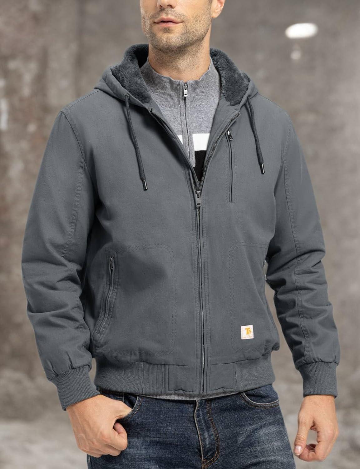 imageTBMPOY Mens Winter Jackets Hooded Work Cotton FLeece Lined Duck Coats Flannel Active Workwear CoatDark Grey