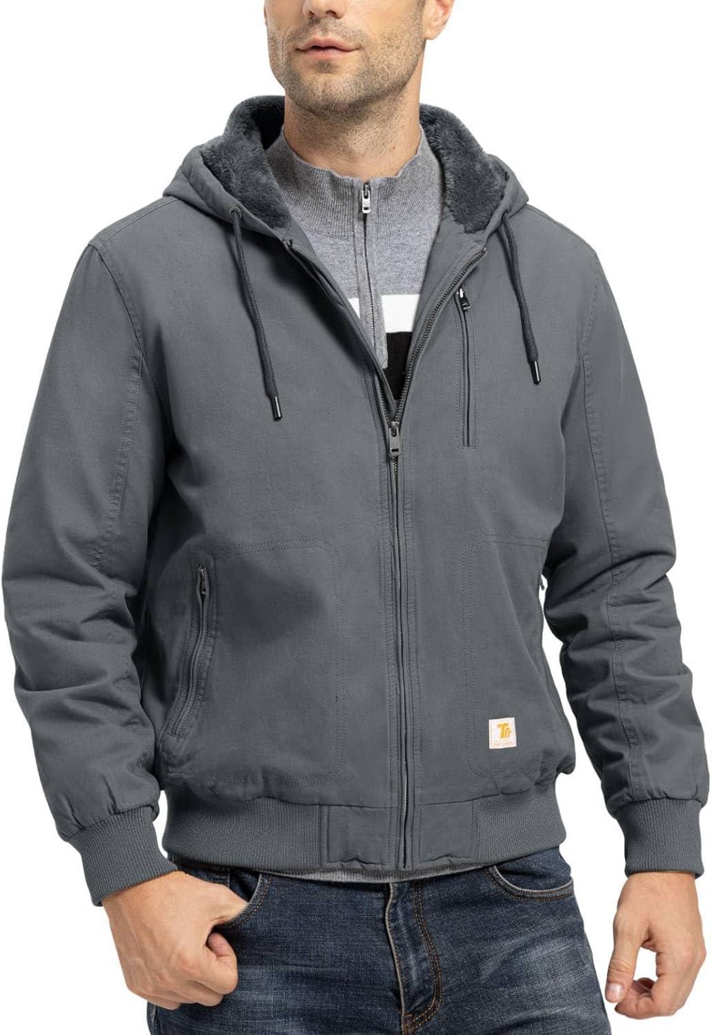 imageTBMPOY Mens Winter Jackets Hooded Work Cotton FLeece Lined Duck Coats Flannel Active Workwear CoatDark Grey