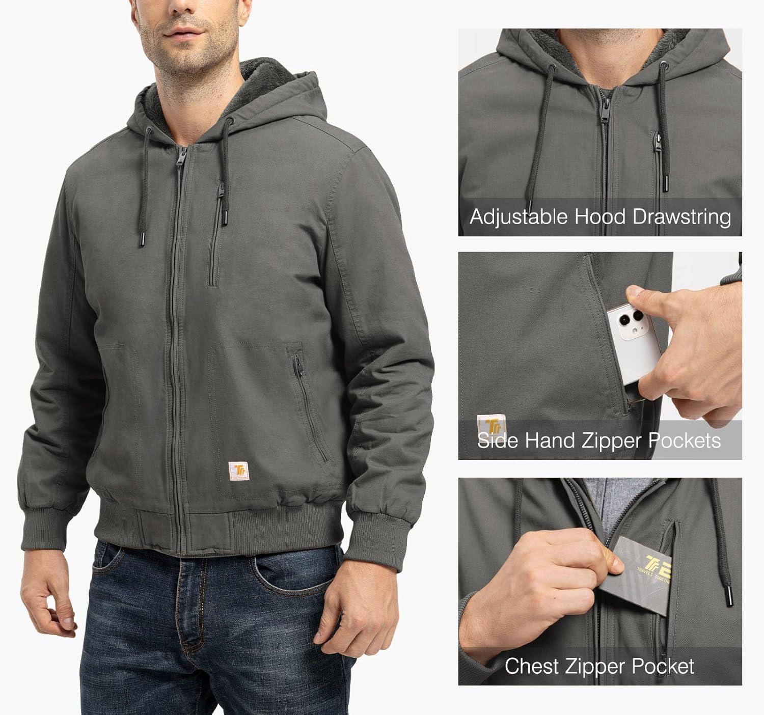 imageTBMPOY Mens Winter Jackets Hooded Work Cotton FLeece Lined Duck Coats Flannel Active Workwear CoatGrey