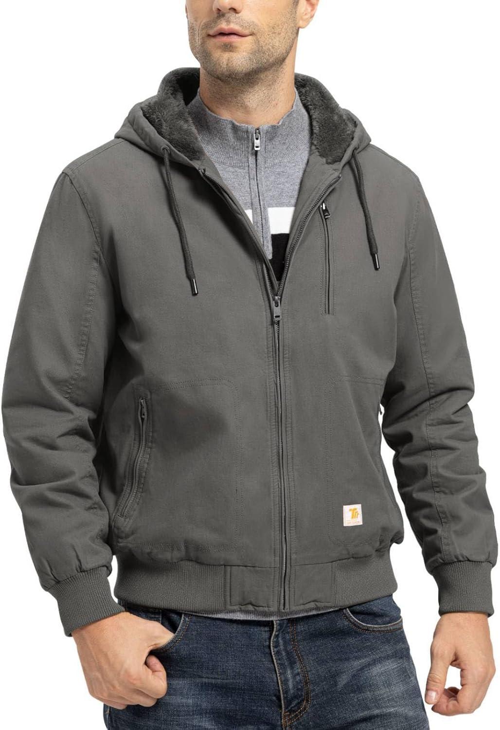 imageTBMPOY Mens Winter Jackets Hooded Work Cotton FLeece Lined Duck Coats Flannel Active Workwear CoatGrey