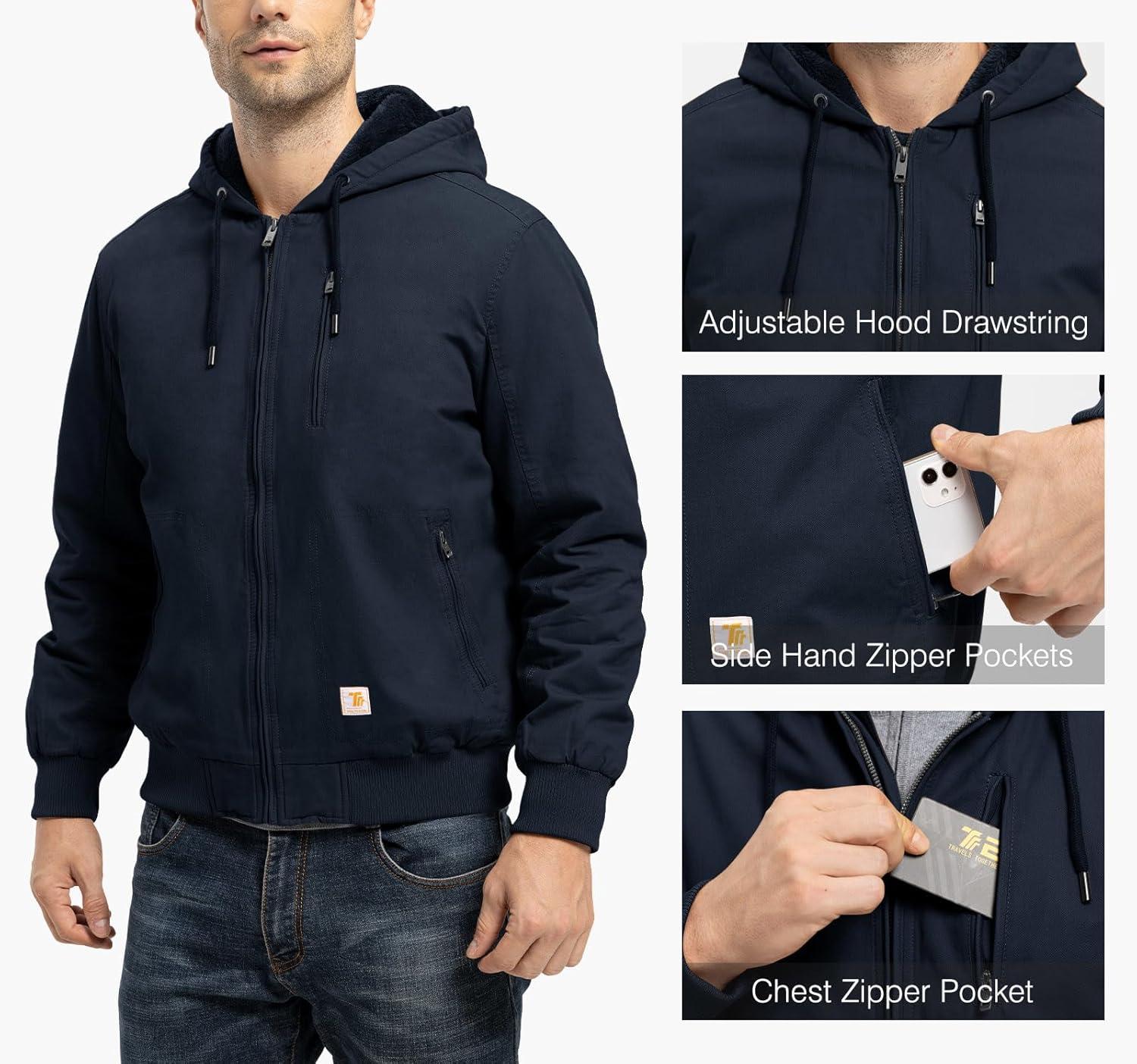 imageTBMPOY Mens Winter Jackets Hooded Work Cotton FLeece Lined Duck Coats Flannel Active Workwear CoatNavy