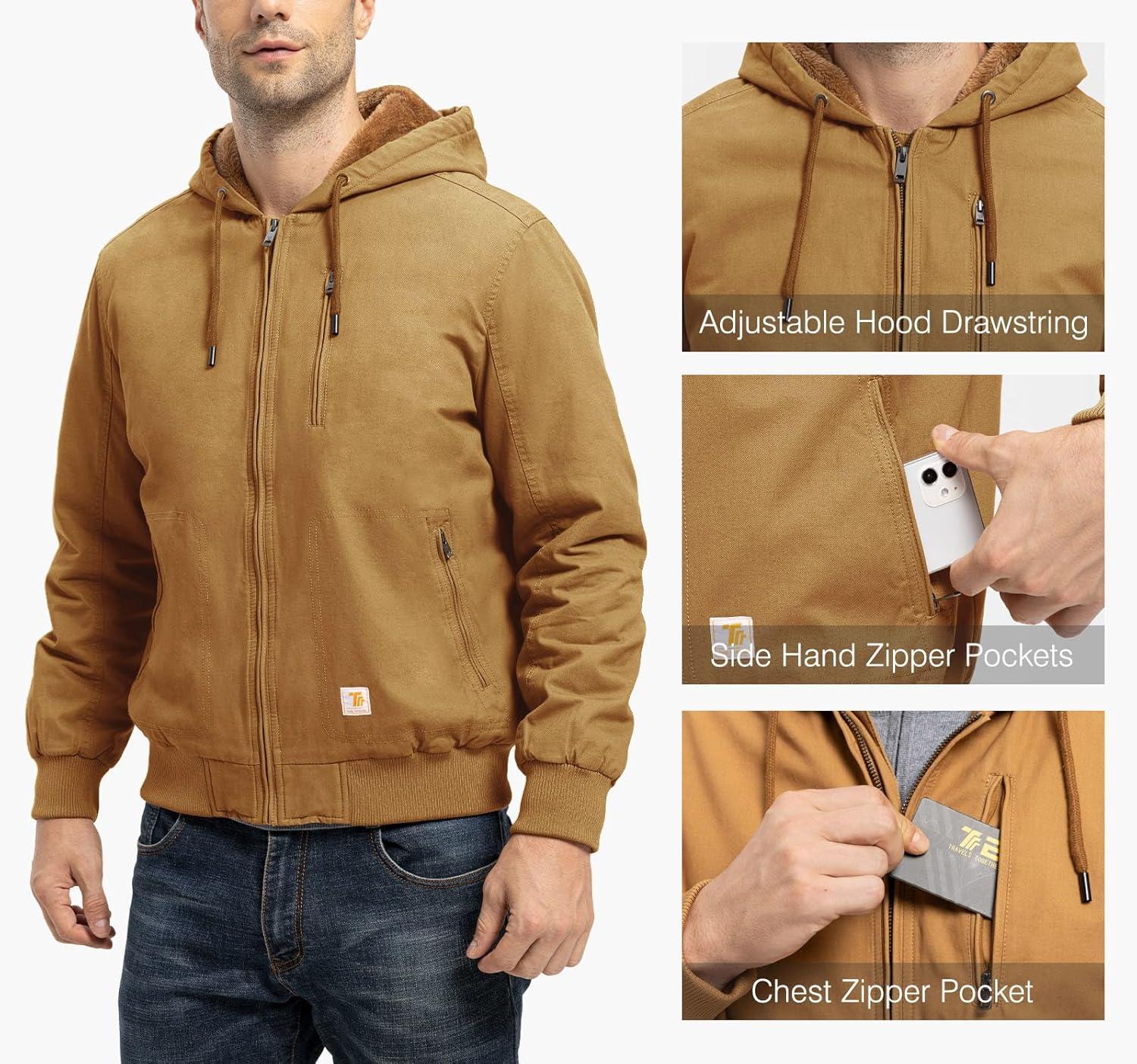 imageTBMPOY Mens Winter Jackets Hooded Work Cotton FLeece Lined Duck Coats Flannel Active Workwear CoatYellow