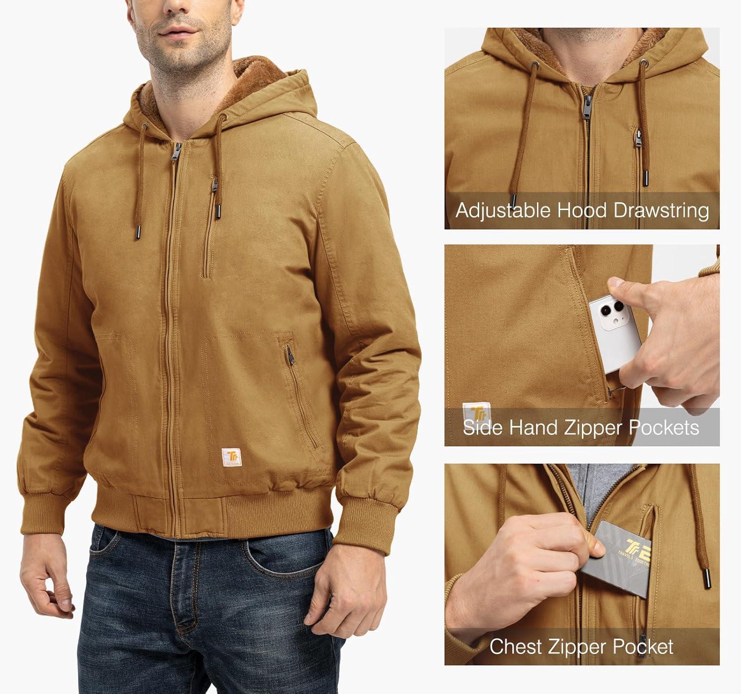 imageTBMPOY Mens Winter Jackets Hooded Work Cotton FLeece Lined Duck Coats Flannel Active Workwear CoatYellow