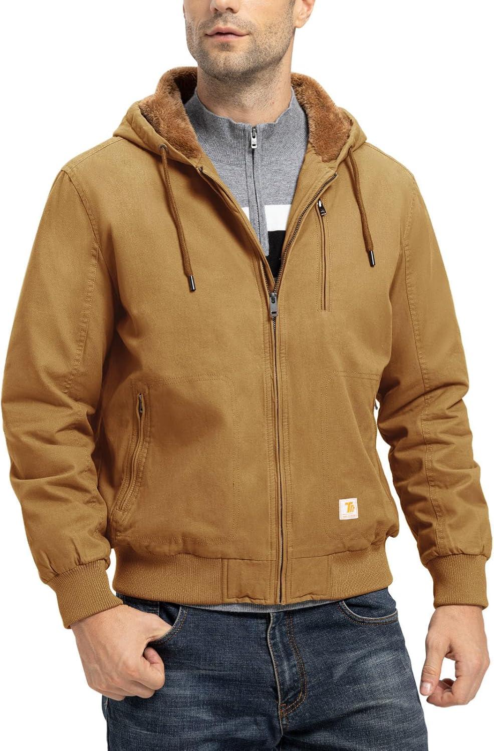 imageTBMPOY Mens Winter Jackets Hooded Work Cotton FLeece Lined Duck Coats Flannel Active Workwear CoatYellow