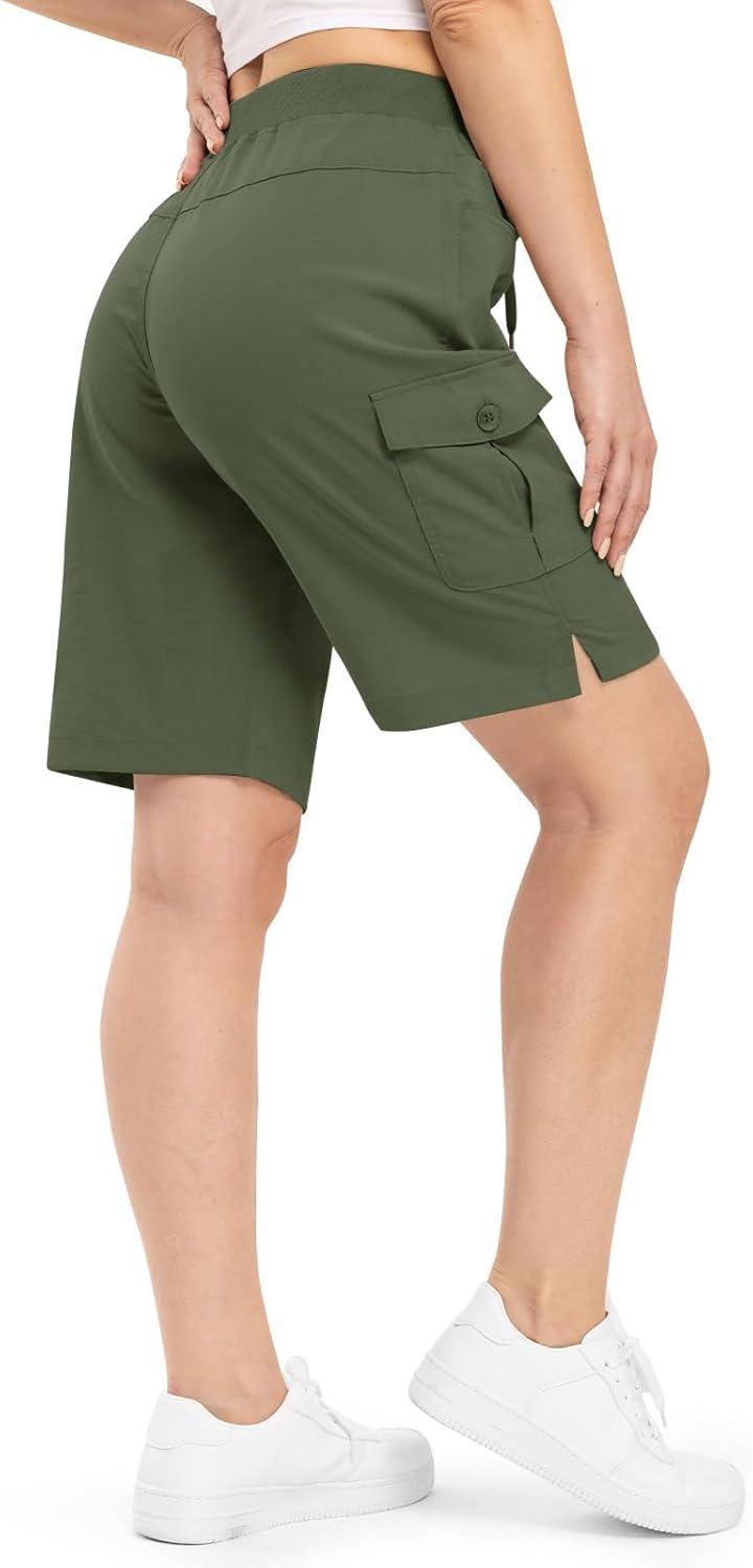 imageTBMPOY Womens 10quot Hiking Cargo Shorts Lightweight Quick Dry Bermuda Loose Outdoor Casual 5 Pockets for Summer Golf TravelArmy Green