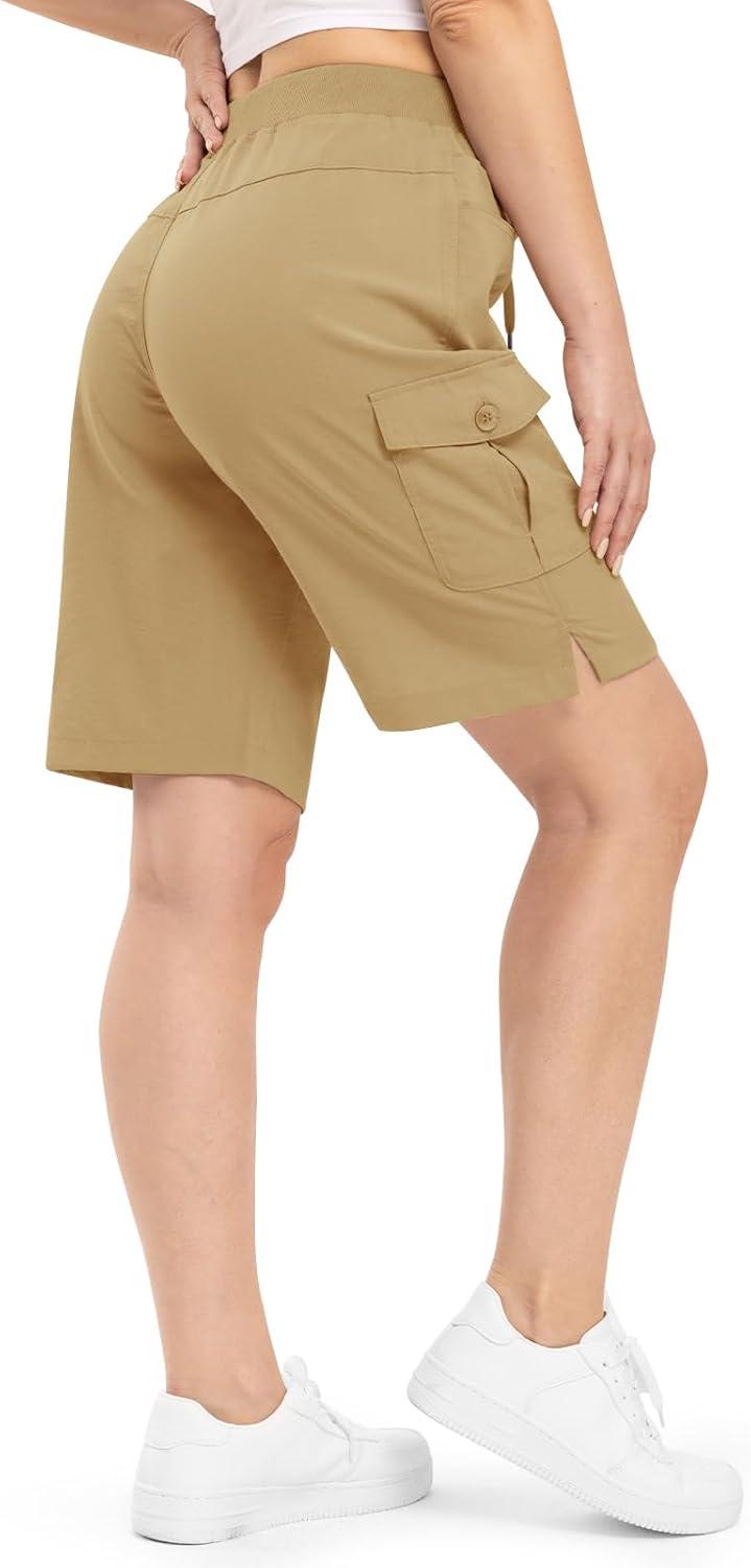imageTBMPOY Womens 10quot Hiking Cargo Shorts Lightweight Quick Dry Bermuda Loose Outdoor Casual 5 Pockets for Summer Golf TravelKhaki