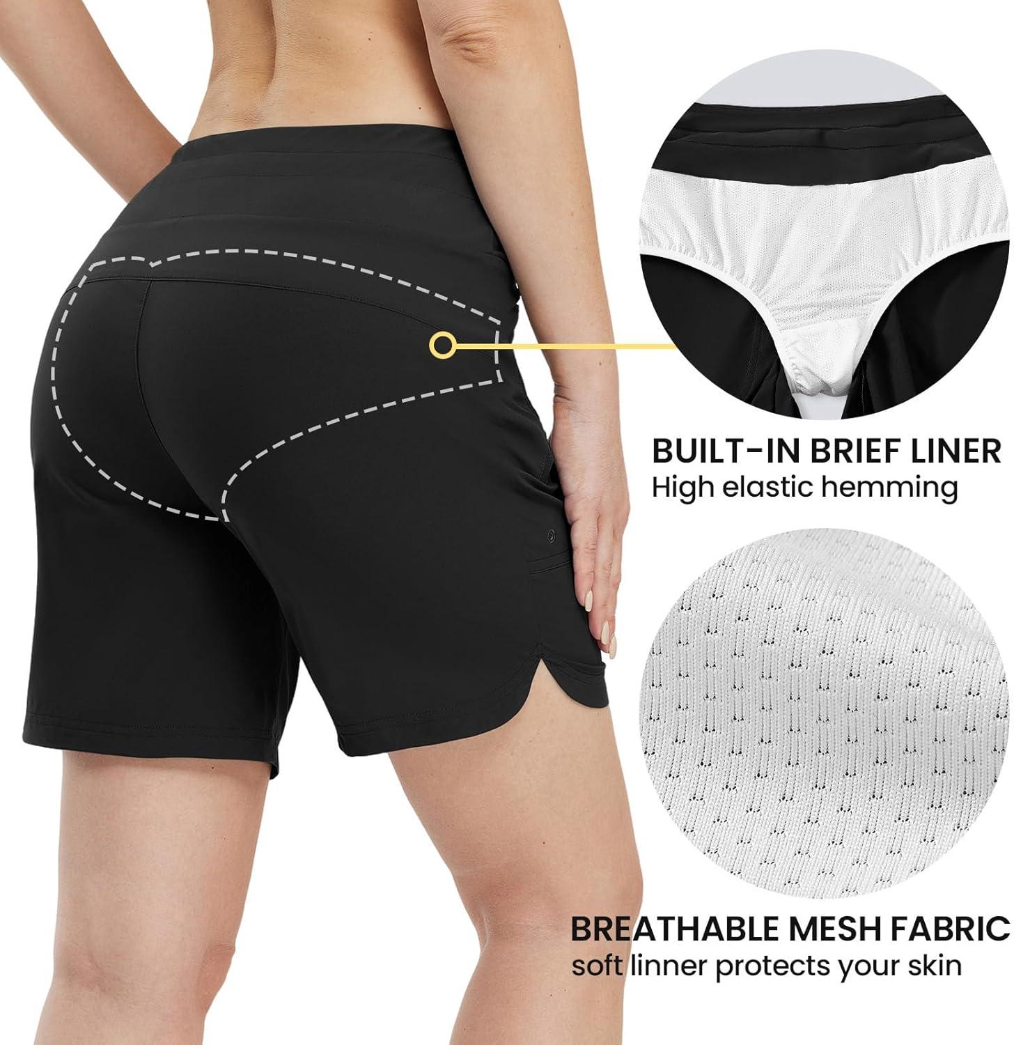 imageTBMPOY Womens Board Shorts 7quot High Waisted Swim Beach Quick Dry Shorts with Zipper Pockets Water Liner Bathing BottomBlack