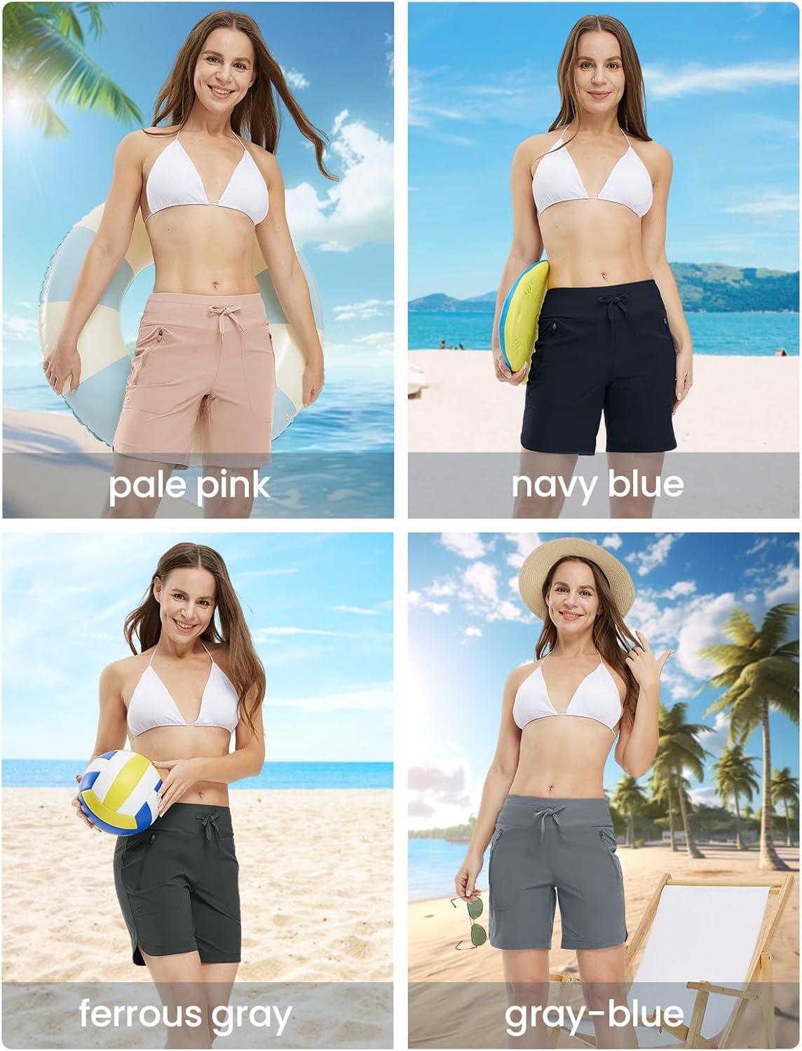 imageTBMPOY Womens Board Shorts 7quot High Waisted Swim Beach Quick Dry Shorts with Zipper Pockets Water Liner Bathing BottomBlack