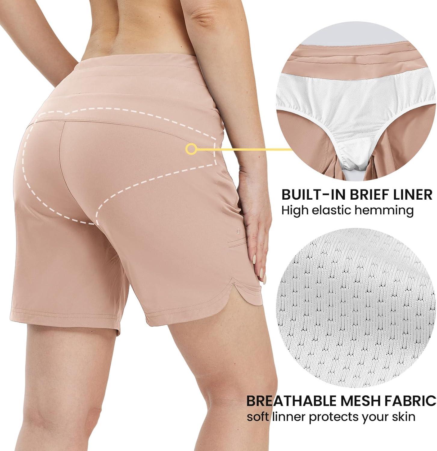 imageTBMPOY Womens Board Shorts 7quot High Waisted Swim Beach Quick Dry Shorts with Zipper Pockets Water Liner Bathing BottomLight Pink