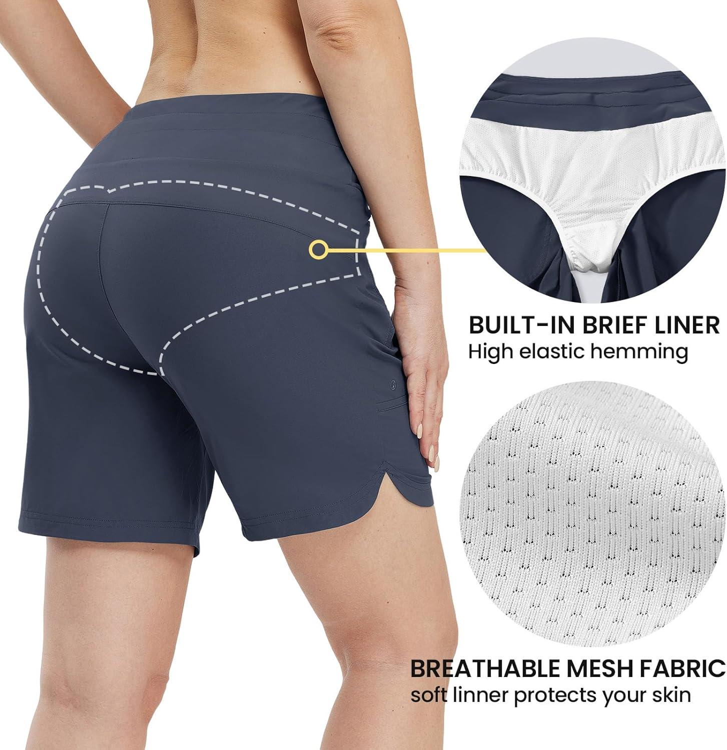 imageTBMPOY Womens Board Shorts 7quot High Waisted Swim Beach Quick Dry Shorts with Zipper Pockets Water Liner Bathing BottomNavy