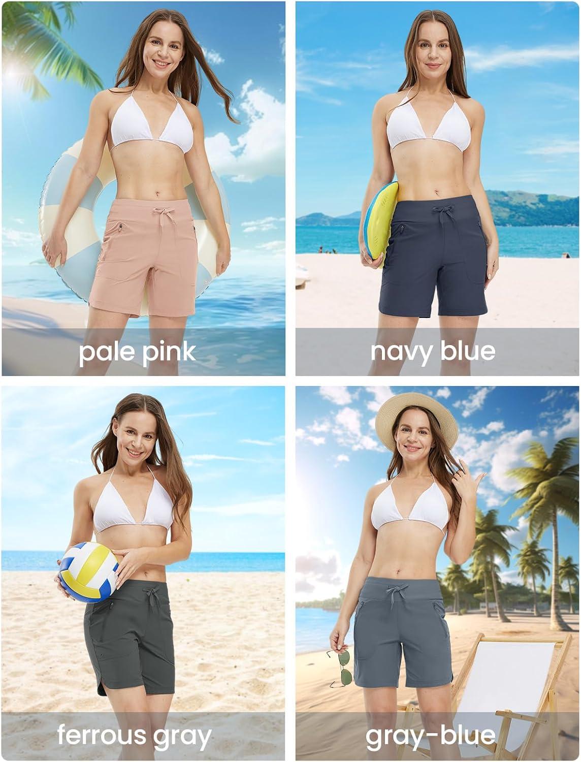 imageTBMPOY Womens Board Shorts 7quot High Waisted Swim Beach Quick Dry Shorts with Zipper Pockets Water Liner Bathing BottomNavy