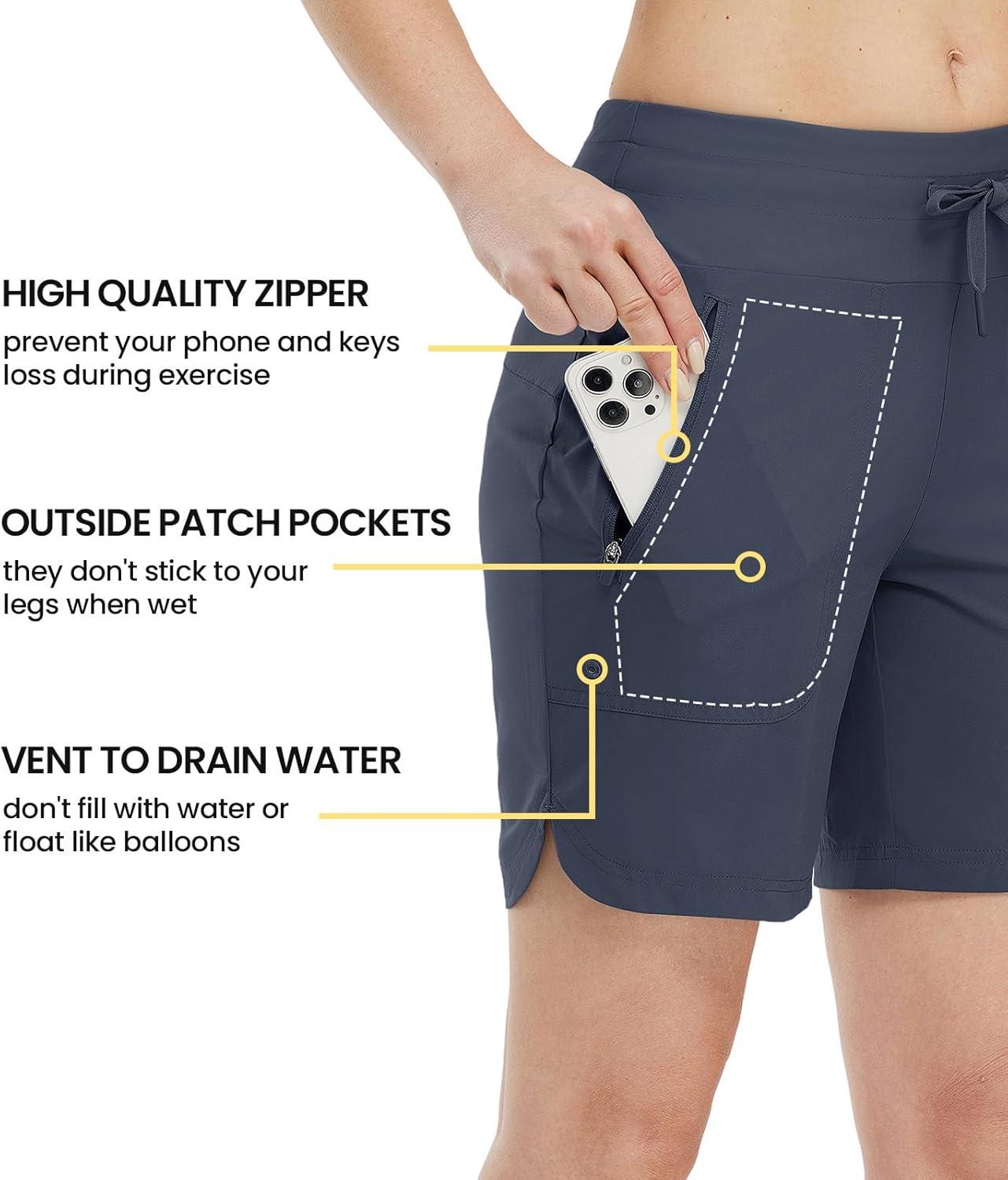imageTBMPOY Womens Board Shorts 7quot High Waisted Swim Beach Quick Dry Shorts with Zipper Pockets Water Liner Bathing BottomNavy