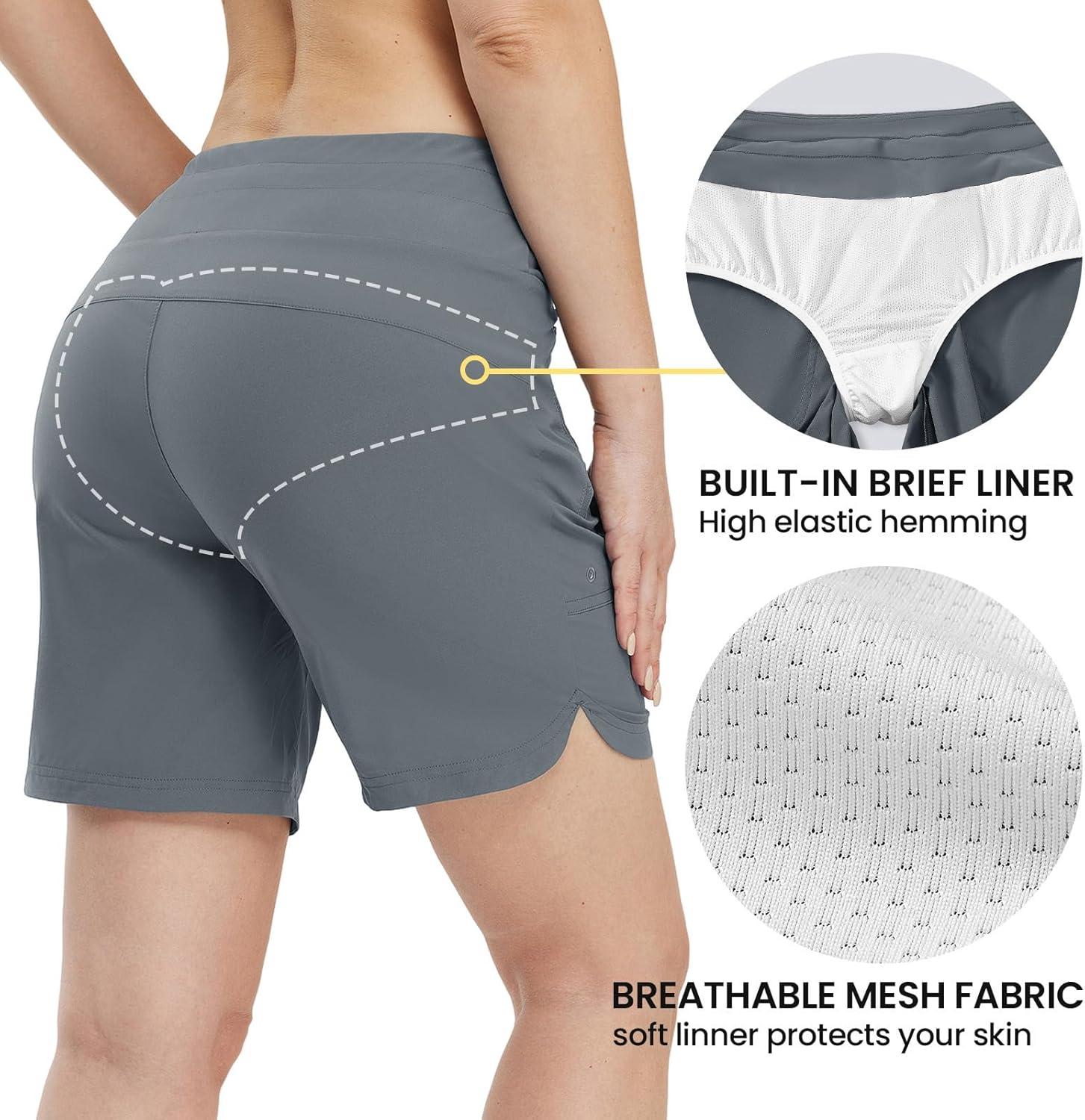 imageTBMPOY Womens Board Shorts 7quot High Waisted Swim Beach Quick Dry Shorts with Zipper Pockets Water Liner Bathing BottomStone Blue