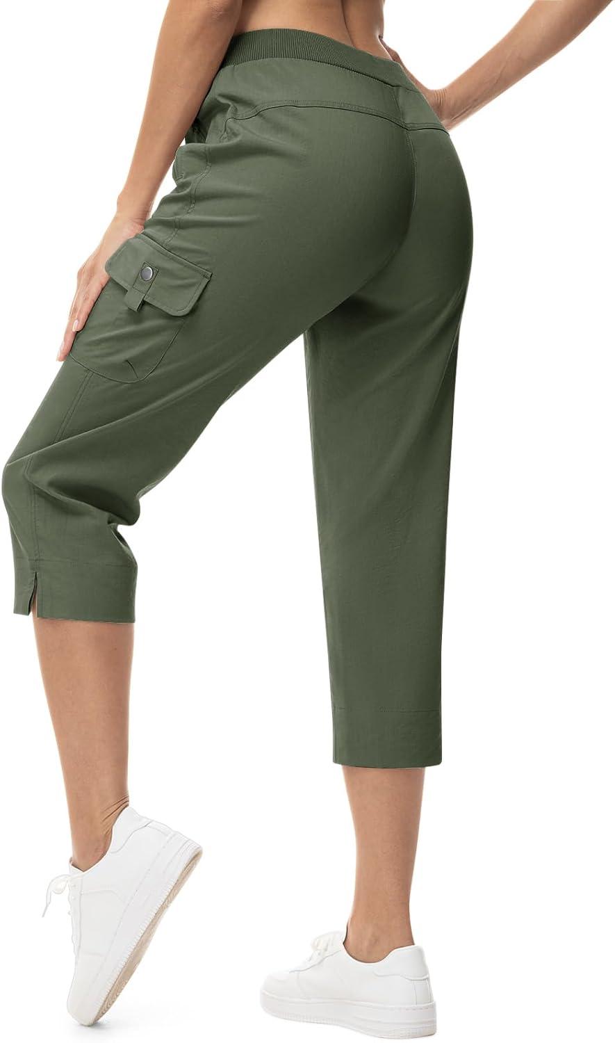 imageTBMPOY Womens Capri Pants Lightweight Quick Dry Hiking Cargo Pockets Casual Water Resistant Travel Cropped CottonArmy Green