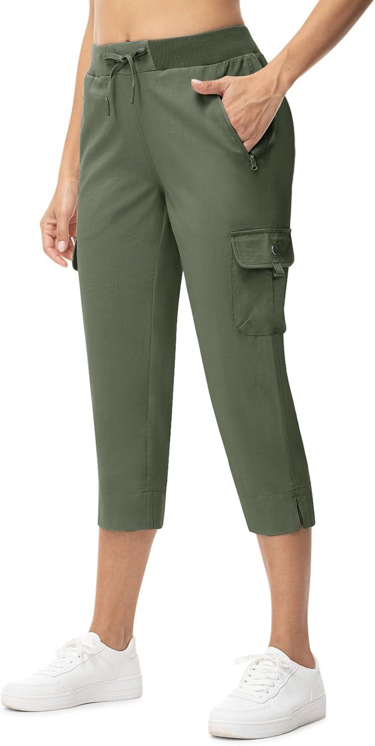 imageTBMPOY Womens Capri Pants Lightweight Quick Dry Hiking Cargo Pockets Casual Water Resistant Travel Cropped CottonArmy Green