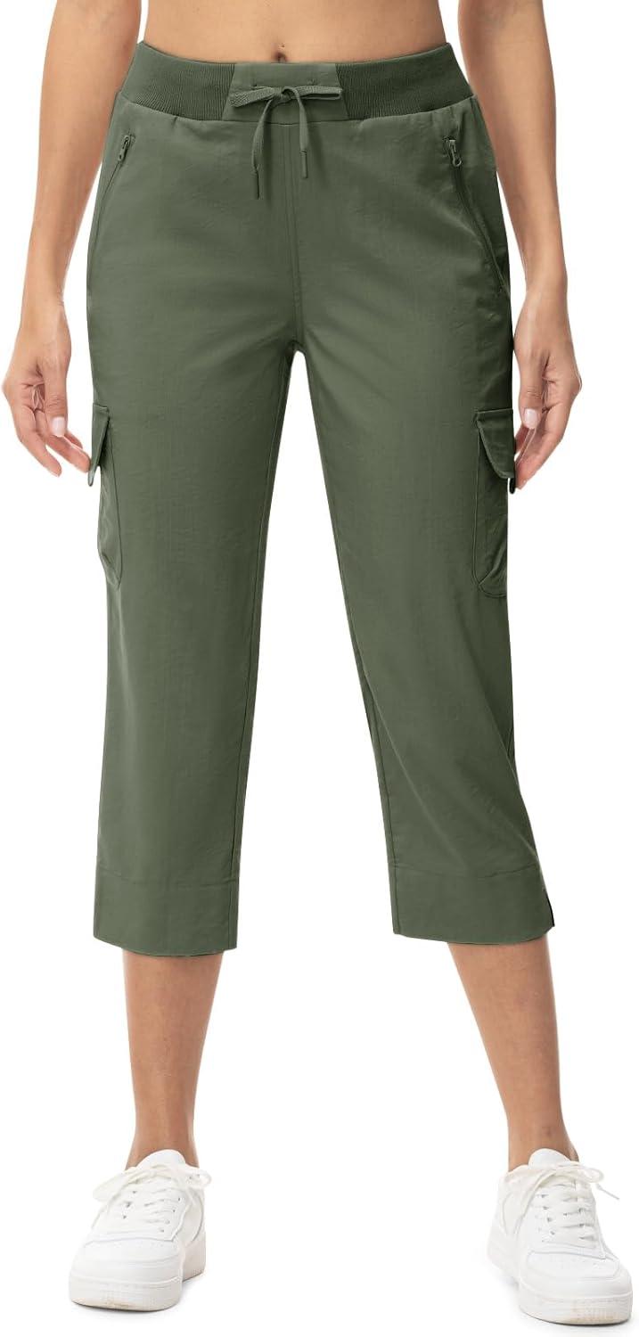 imageTBMPOY Womens Capri Pants Lightweight Quick Dry Hiking Cargo Pockets Casual Water Resistant Travel Cropped CottonArmy Green
