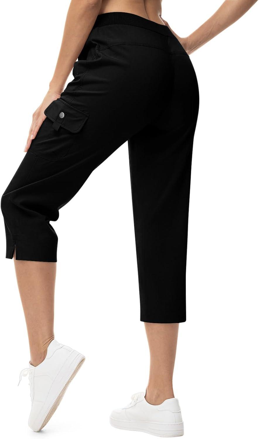imageTBMPOY Womens Capri Pants Lightweight Quick Dry Hiking Cargo Pockets Casual Water Resistant Travel Cropped CottonBlack