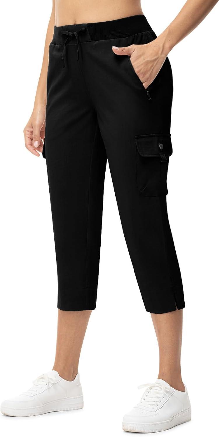 imageTBMPOY Womens Capri Pants Lightweight Quick Dry Hiking Cargo Pockets Casual Water Resistant Travel Cropped CottonBlack