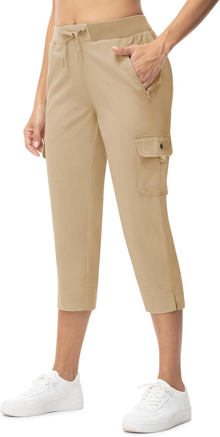 imageTBMPOY Womens Capri Pants Lightweight Quick Dry Hiking Cargo Pockets Casual Water Resistant Travel Cropped CottonKhaki