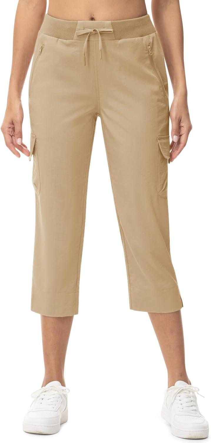 imageTBMPOY Womens Capri Pants Lightweight Quick Dry Hiking Cargo Pockets Casual Water Resistant Travel Cropped CottonKhaki