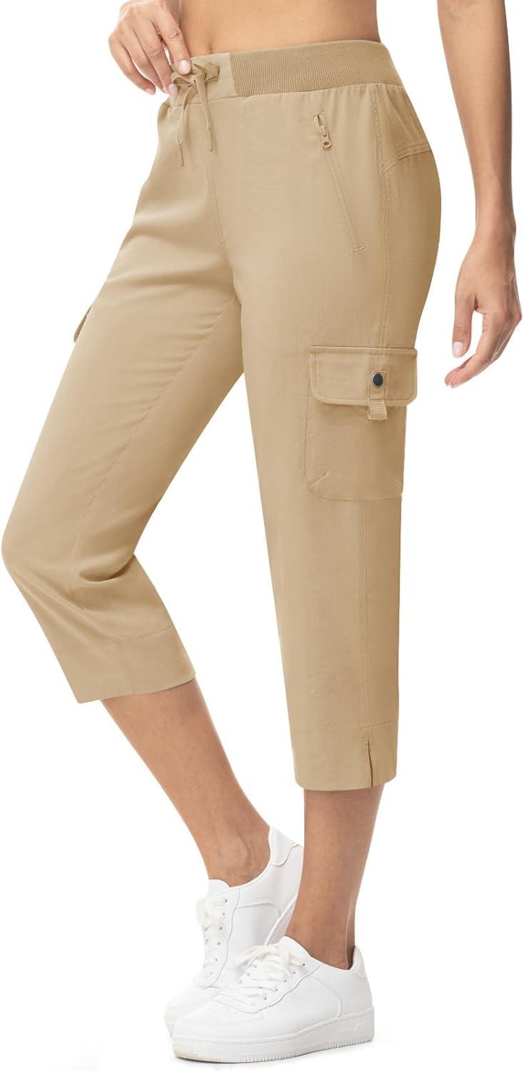 imageTBMPOY Womens Capri Pants Lightweight Quick Dry Hiking Cargo Pockets Casual Water Resistant Travel Cropped CottonKhaki