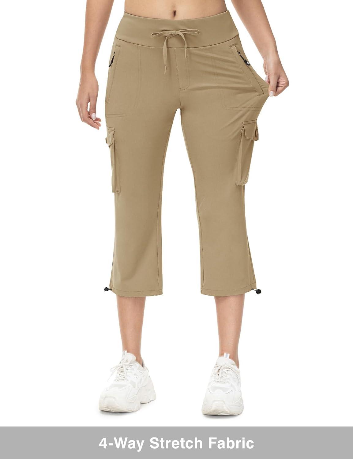 imageTBMPOY Womens Capri Pants Lightweight Quick Dry Hiking Cargo Pockets Casual Water Resistant Travel Cropped CottonKhaki1