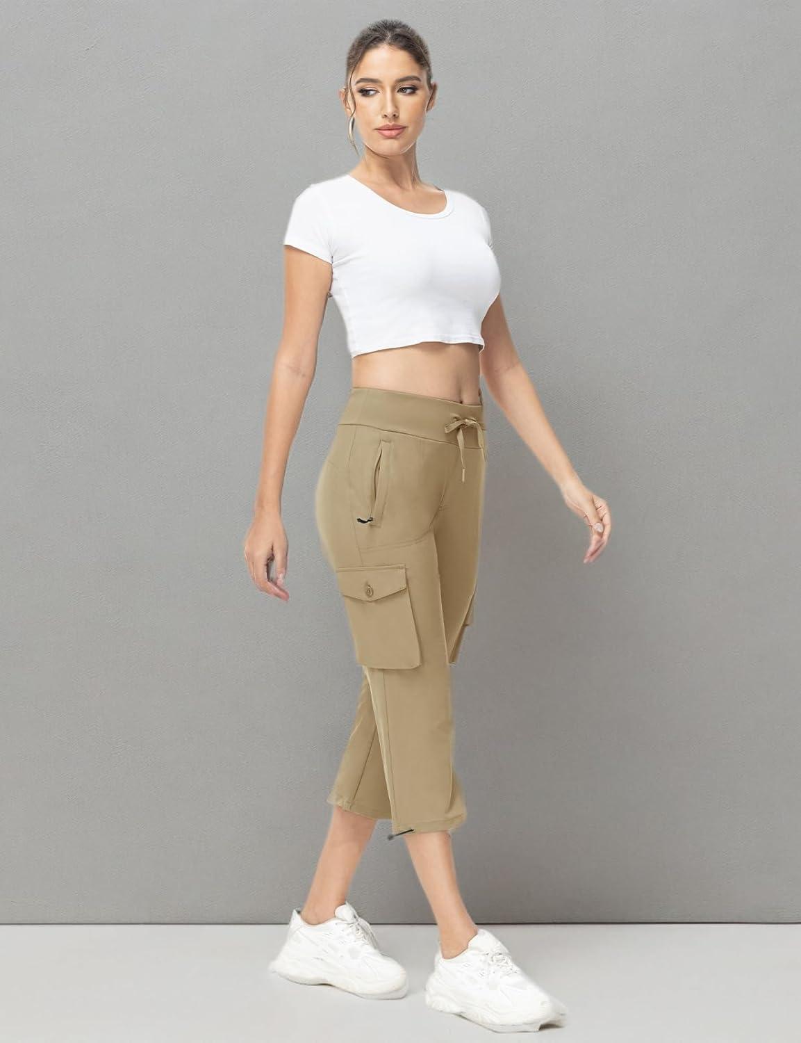 imageTBMPOY Womens Capri Pants Lightweight Quick Dry Hiking Cargo Pockets Casual Water Resistant Travel Cropped CottonKhaki1