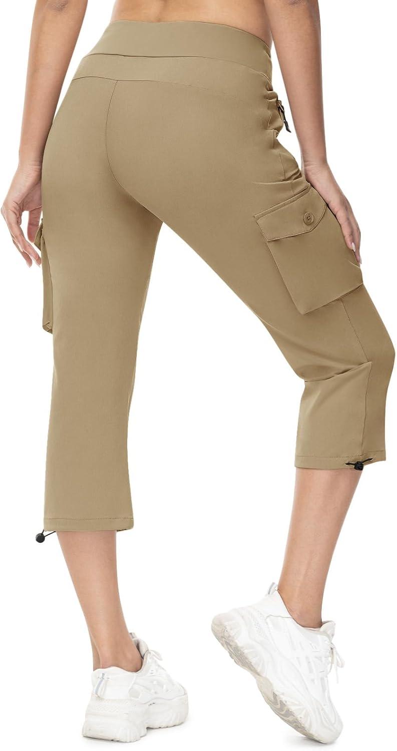 imageTBMPOY Womens Capri Pants Lightweight Quick Dry Hiking Cargo Pockets Casual Water Resistant Travel Cropped CottonKhaki1
