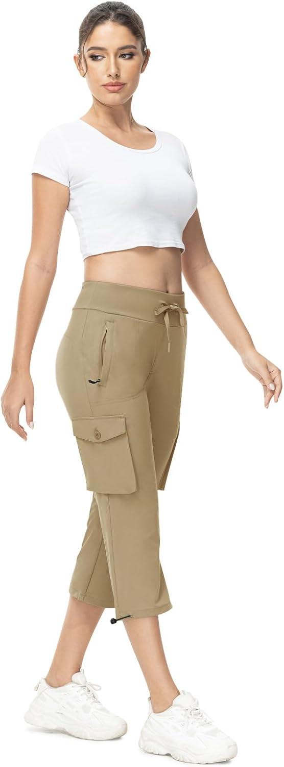 imageTBMPOY Womens Capri Pants Lightweight Quick Dry Hiking Cargo Pockets Casual Water Resistant Travel Cropped CottonKhaki1