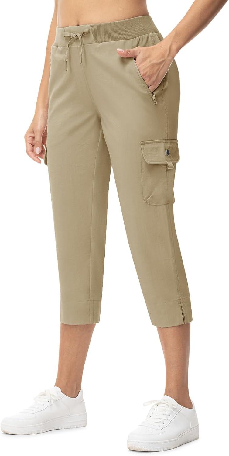 imageTBMPOY Womens Capri Pants Lightweight Quick Dry Hiking Cargo Pockets Casual Water Resistant Travel Cropped CottonLight Khaki