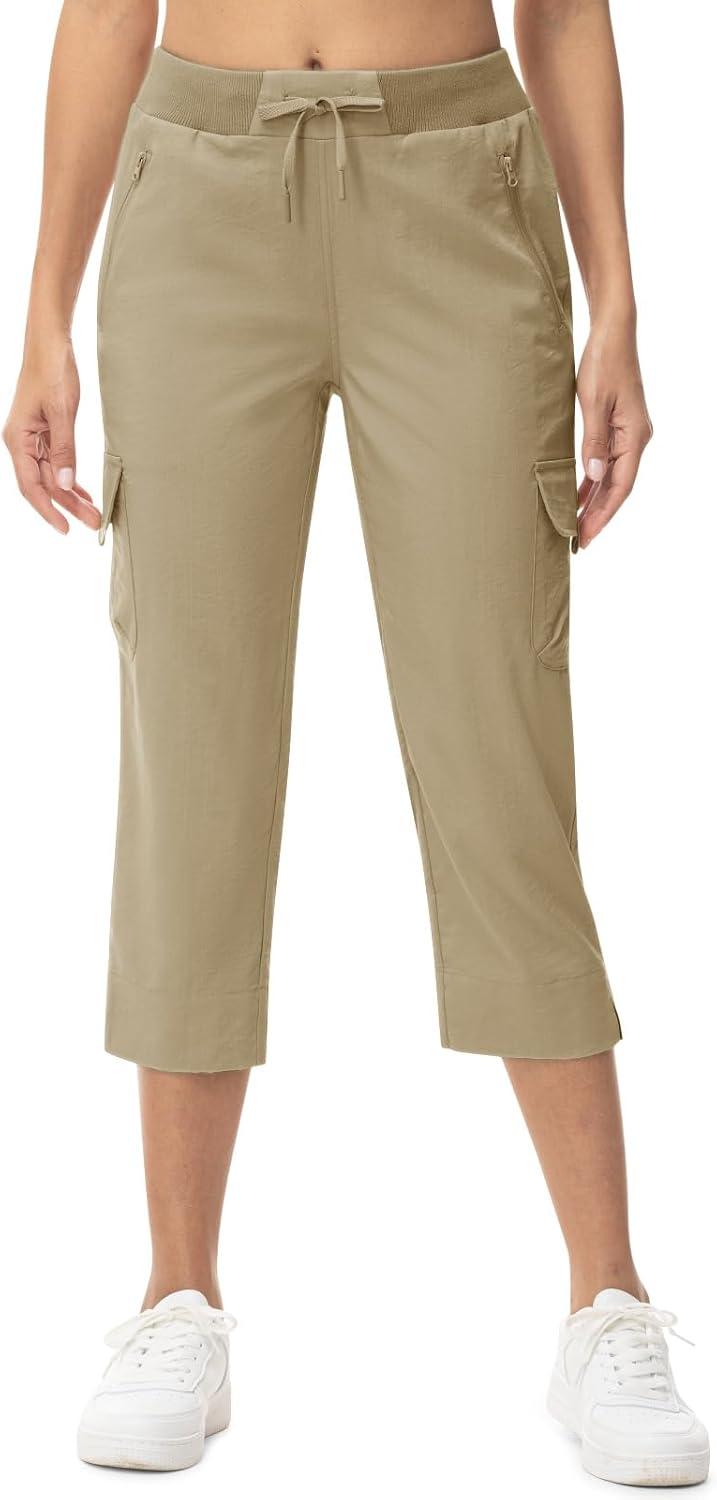 imageTBMPOY Womens Capri Pants Lightweight Quick Dry Hiking Cargo Pockets Casual Water Resistant Travel Cropped CottonLight Khaki