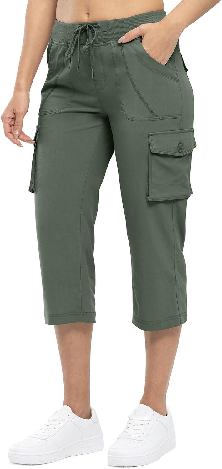imageTBMPOY Womens Cargo Capris Lightweight Hiking Pants 6 Pockets Quick Dry Casual Outdoor Trip Loose Shorts Cropped CottonArmy Green